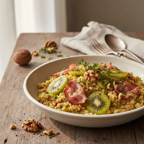 Creative Quinoa Risotto with Prosciutto, Kiwis, and Walnuts