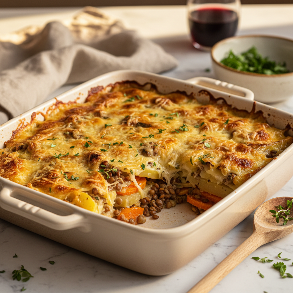 Gratin de pommes de terre, carottes et lentilles au fromage