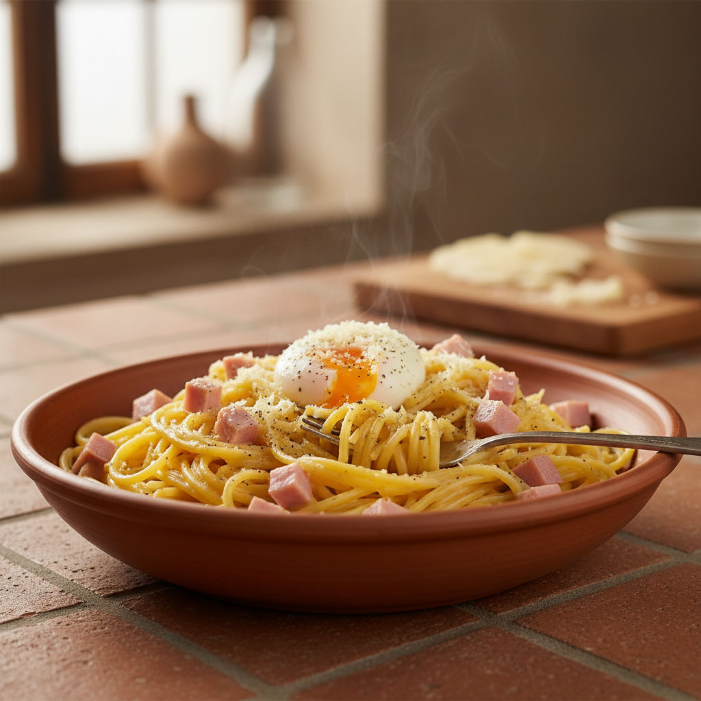Pâtes à la carbonara revisitée avec jambon et œufs