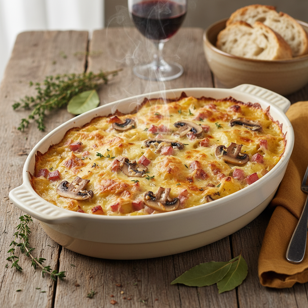 Gratin de pommes de terre, jambon et champignons