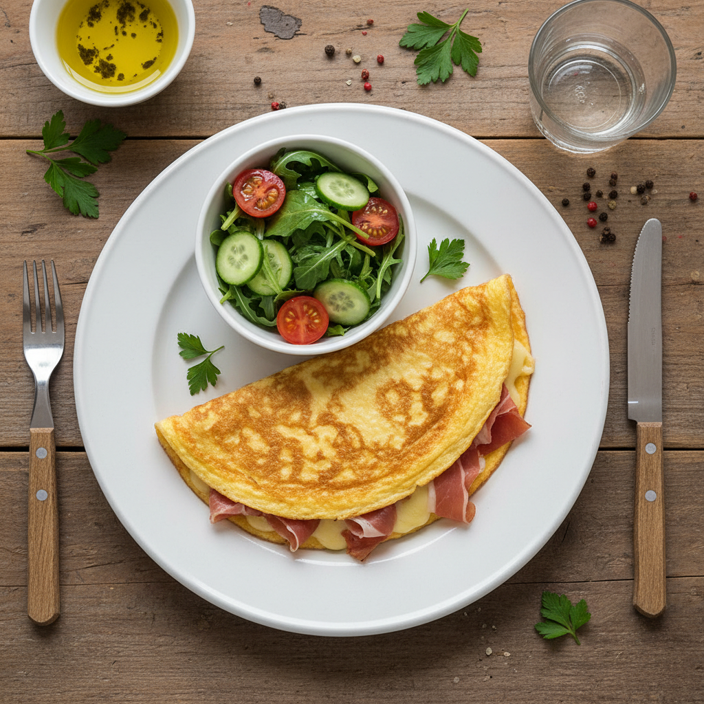 Omelette jambon-fromage et salade simple
