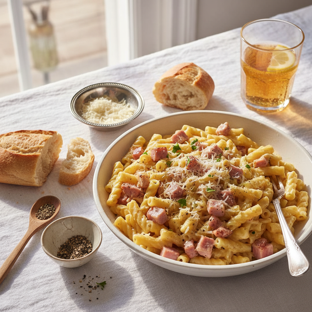 Pâtes à la carbonara revisitée (poulet-jambon)