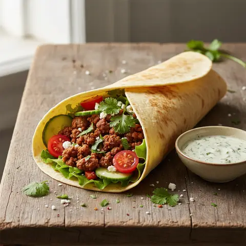 Wrap mit gemischtem Salat und Hackfleisch