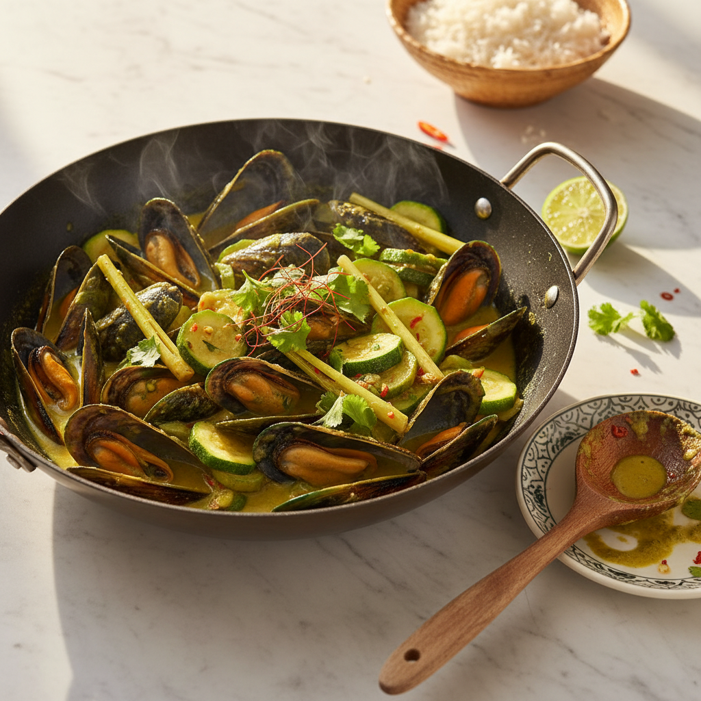 Wok de moules au curry vert et courgettes