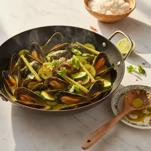 Wok mit Muscheln in grünem Curry und Zucchini