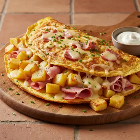 Omelette mit Schinken, Käse und Kartoffeln