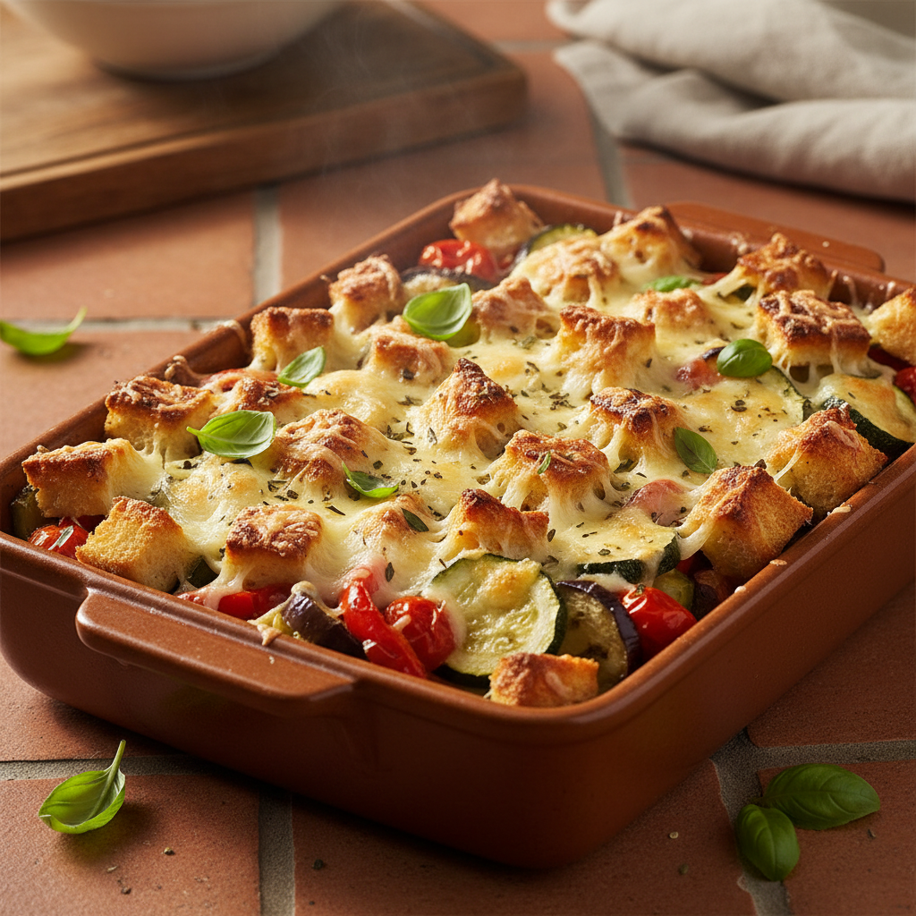 Gratinée italienne : pain de mie, fromage et légumes au four