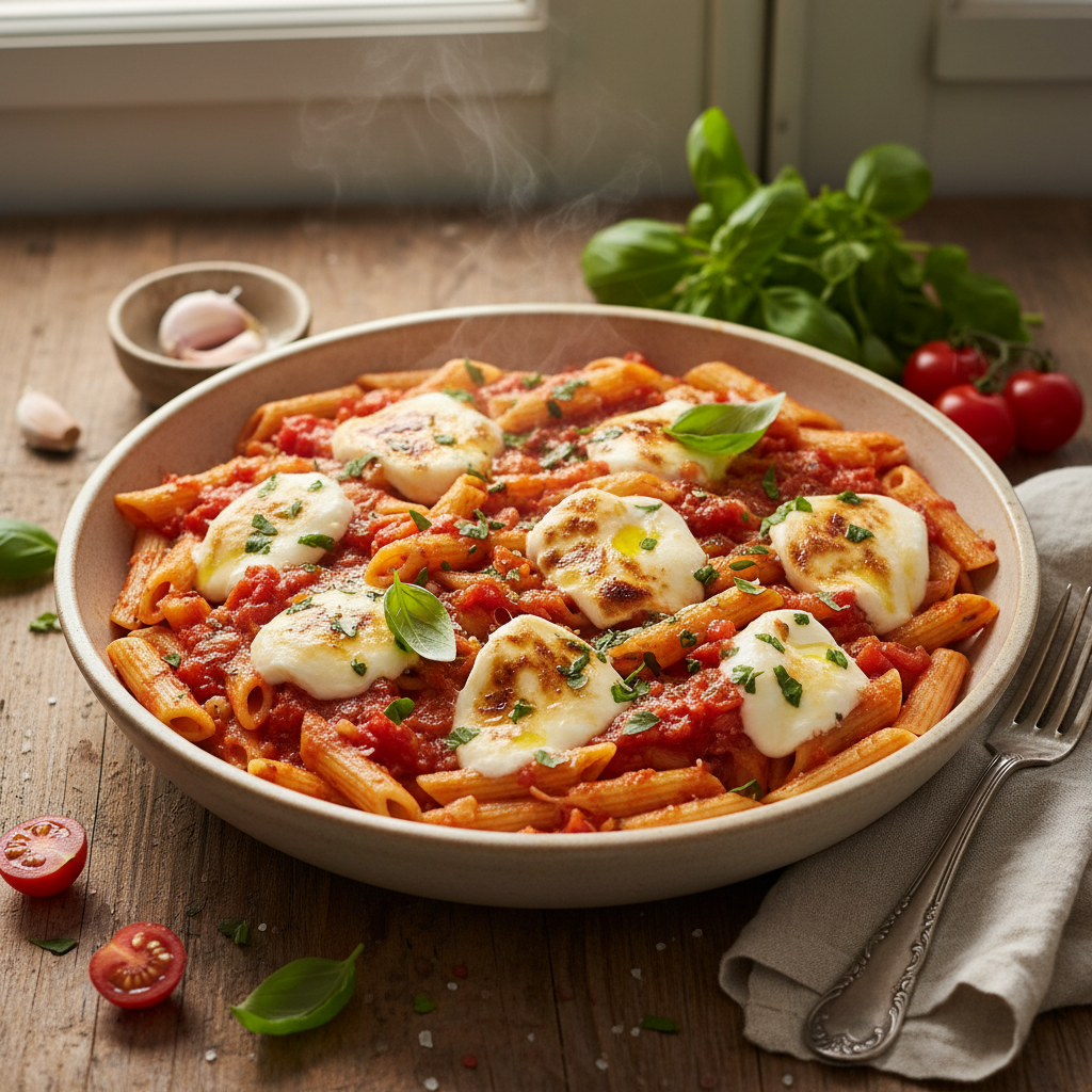 Pâtes à la Tomate et Mozzarella (avec ail et herbes)