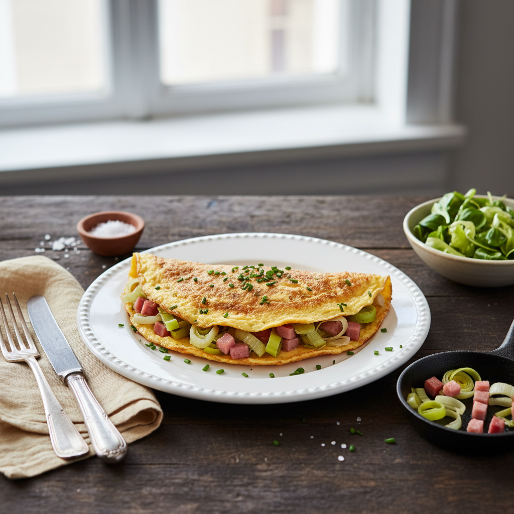 Omelette jambon-poireaux