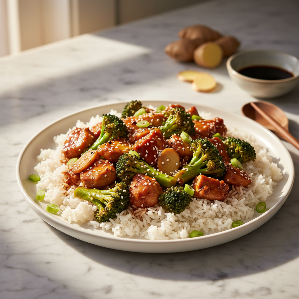 Poulet sauté à l'asiatique avec brocoli et riz