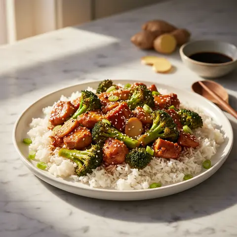 Asian-Style Sautéed Chicken with Broccoli and Rice
