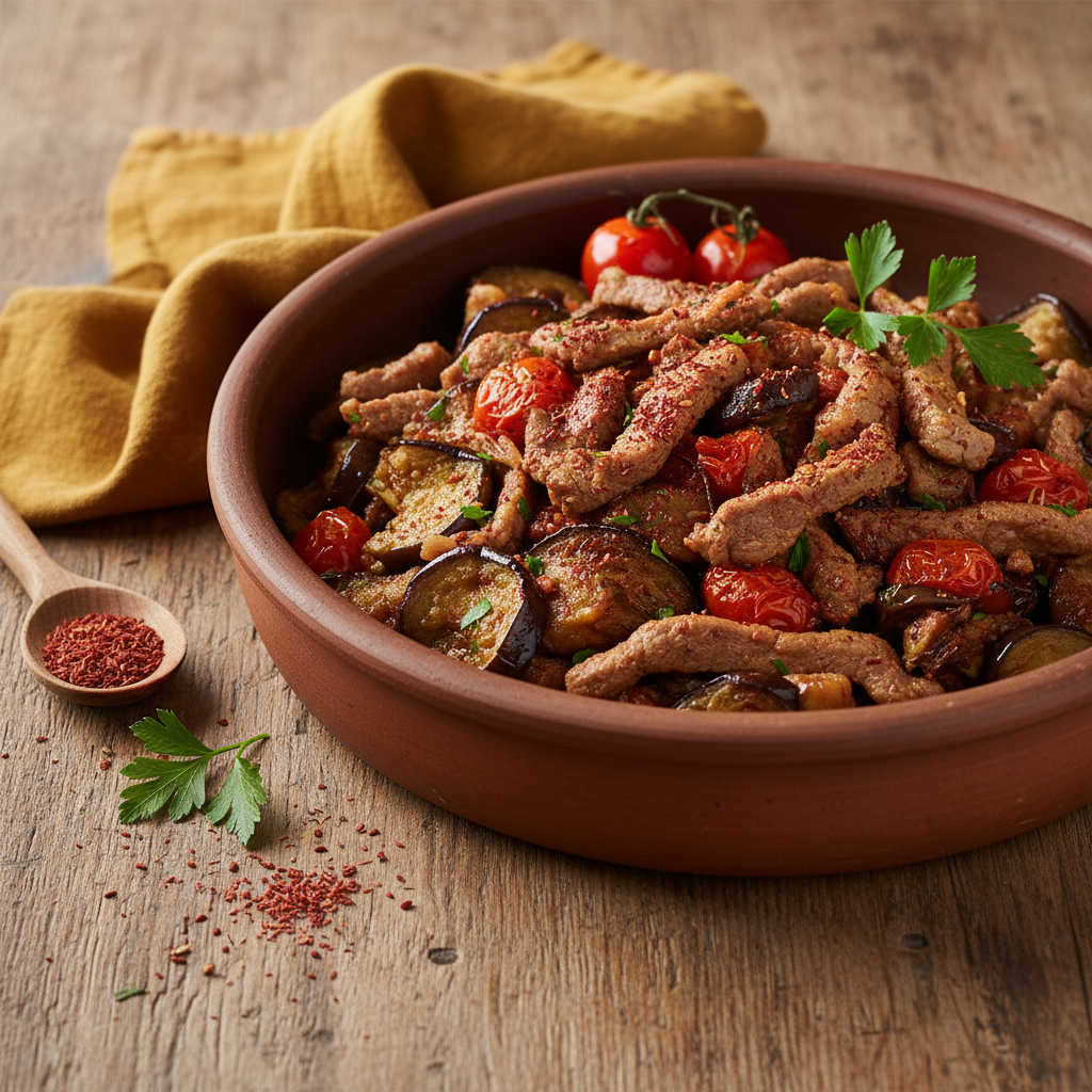 Wok d'agneau a la turque aux aubergines