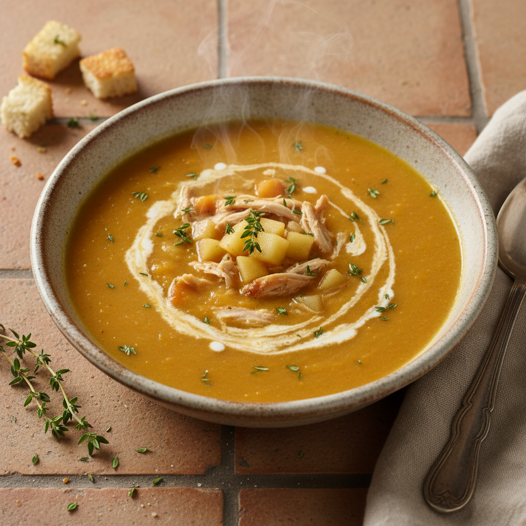 Soupe veloutée carotte-pomme-poulet