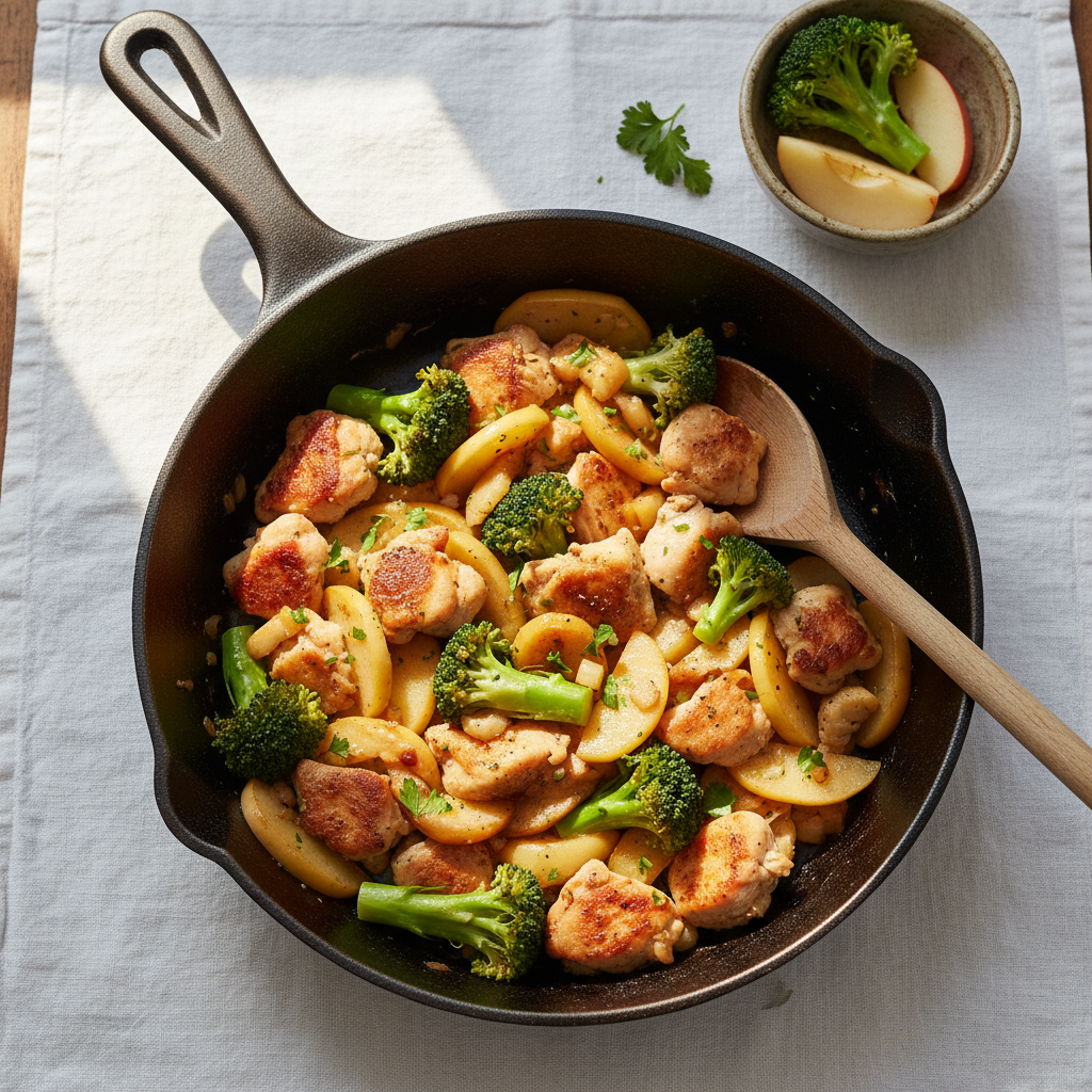 Sauté de poulet aux pommes et brocoli à la poêle