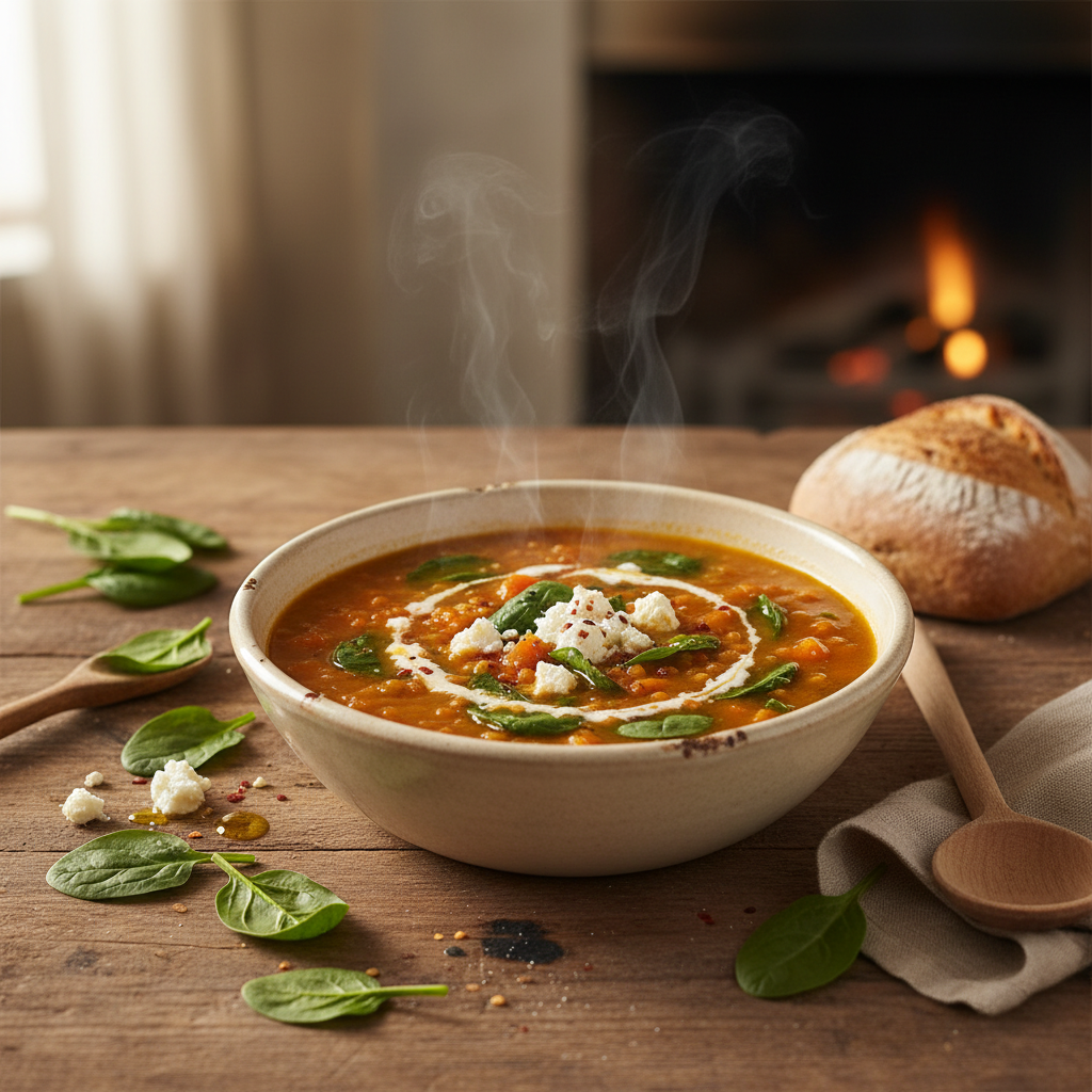Soupe aux lentilles et épinards