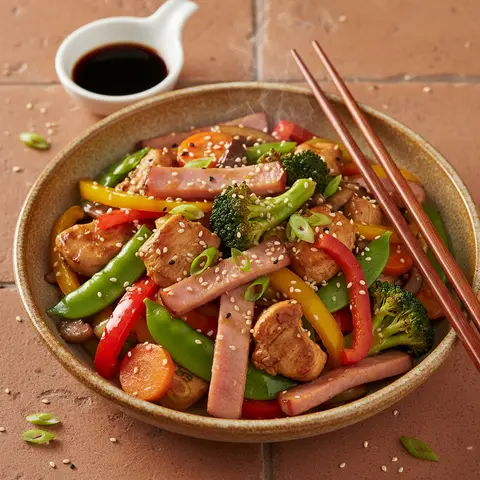 Stir-Fried Chicken with Vegetables and Ham