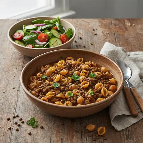 Nudeln mit Linsen und Salat