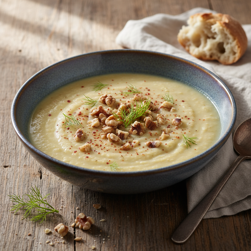 Velouté de Chou-fleur et Fenouil aux Flocons d'Avoine et Éclats de Noix