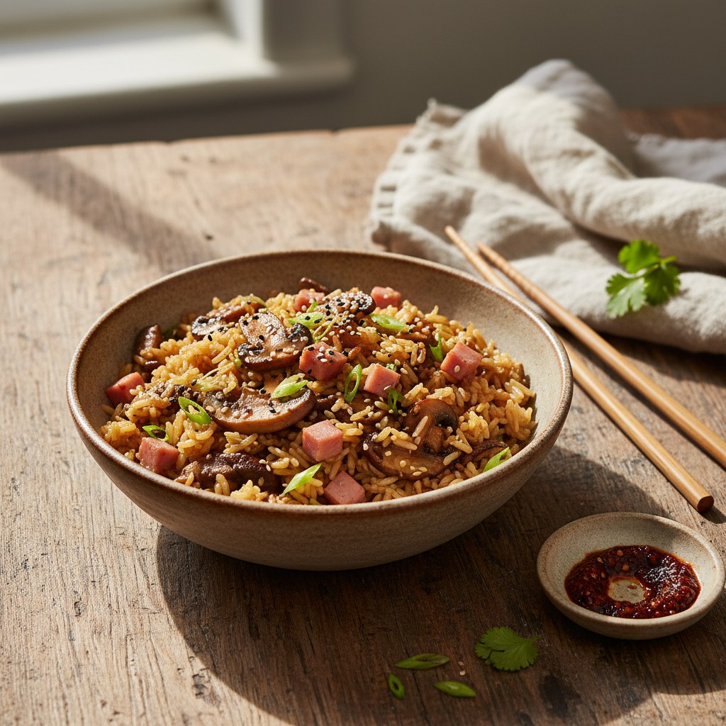 Riz sauté aux champignons et jambon