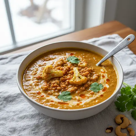 Linsensuppe mit Blumenkohl und Curry-Kokos