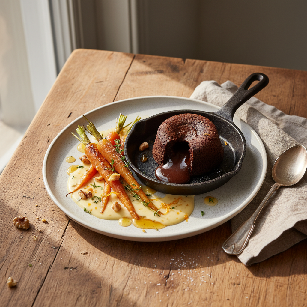 Chocolat Noir Coulant aux Carottes Rôties et Émulsion Orange-Beurre