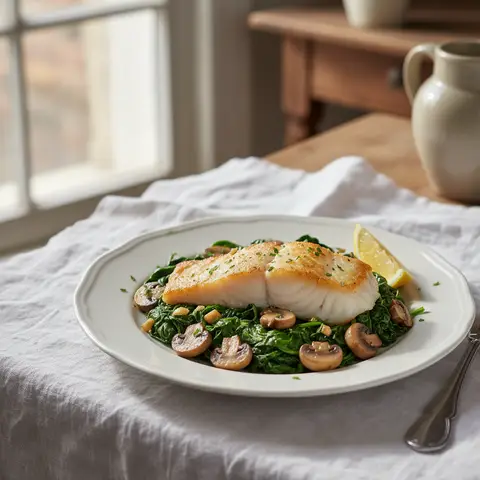 Sautéed Cod with Spinach and Mushrooms