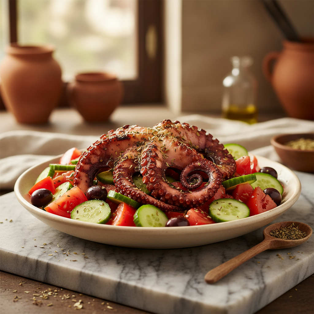 Bowl grec de poulpe grillé aux légumes méditerranéens