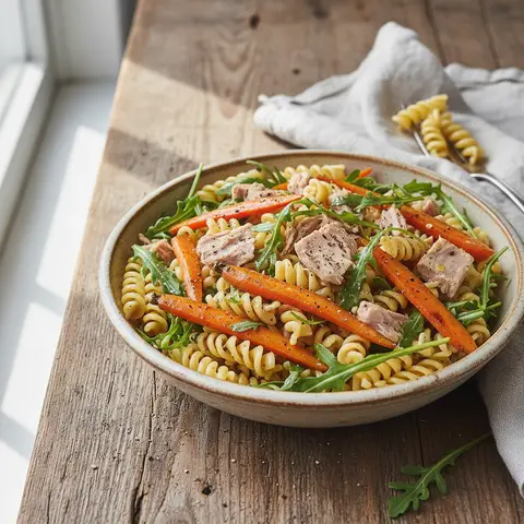 Nudeln mit Thunfisch, Möhren und Rucola