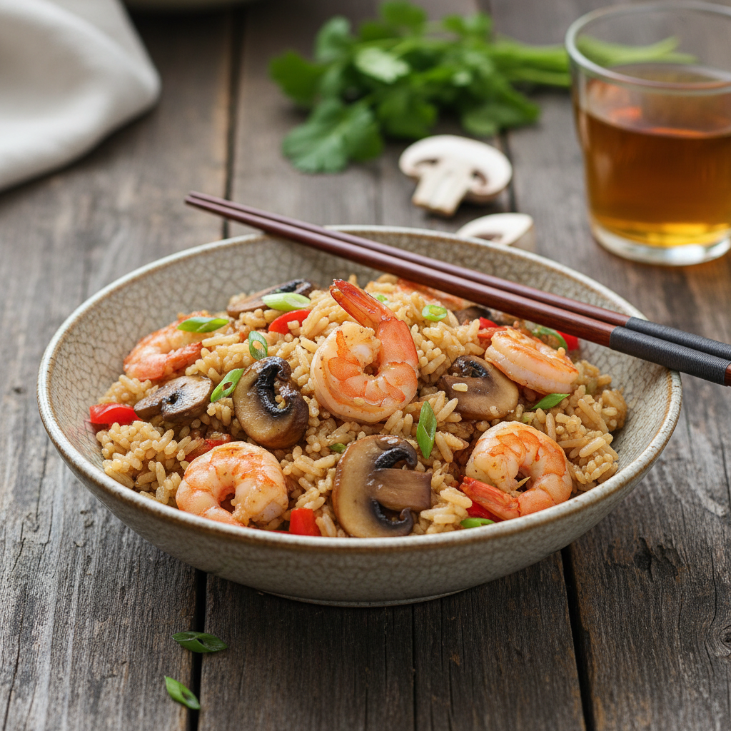 Riz sauté aux crevettes et champignons