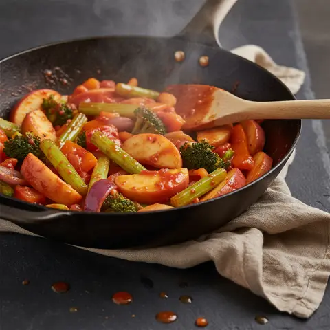 Gemüse-Wok mit Apfel und Staudensellerie