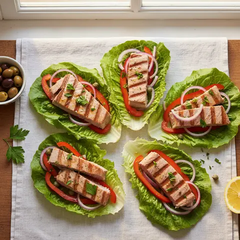 Eisbergsalat-Wraps mit gegrilltem Thunfisch, Paprika und roter Zwiebel