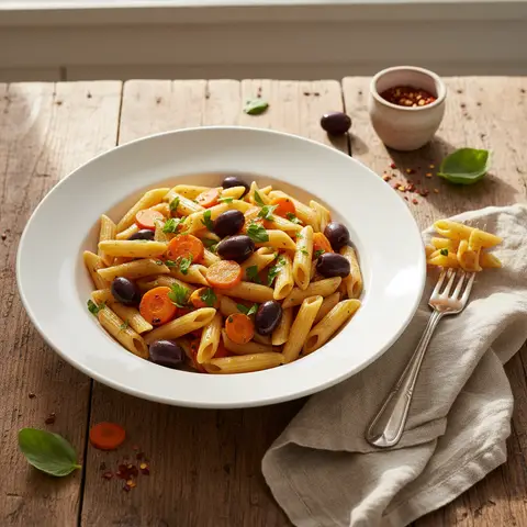 Penne mit Oliven und Karotten