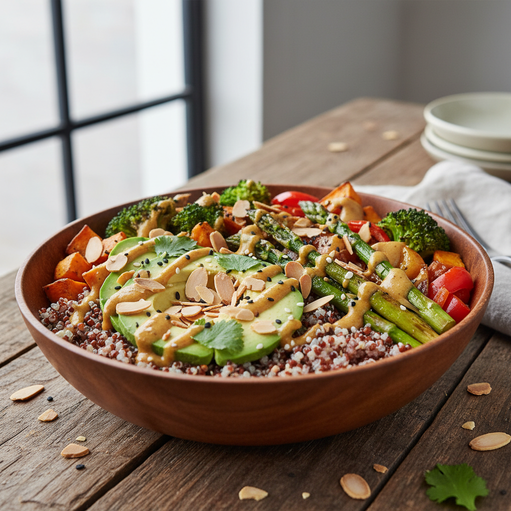 Bol Bouddha Asiatique: Quinoa, Avocat et Légumes Rôtis aux Amandes
