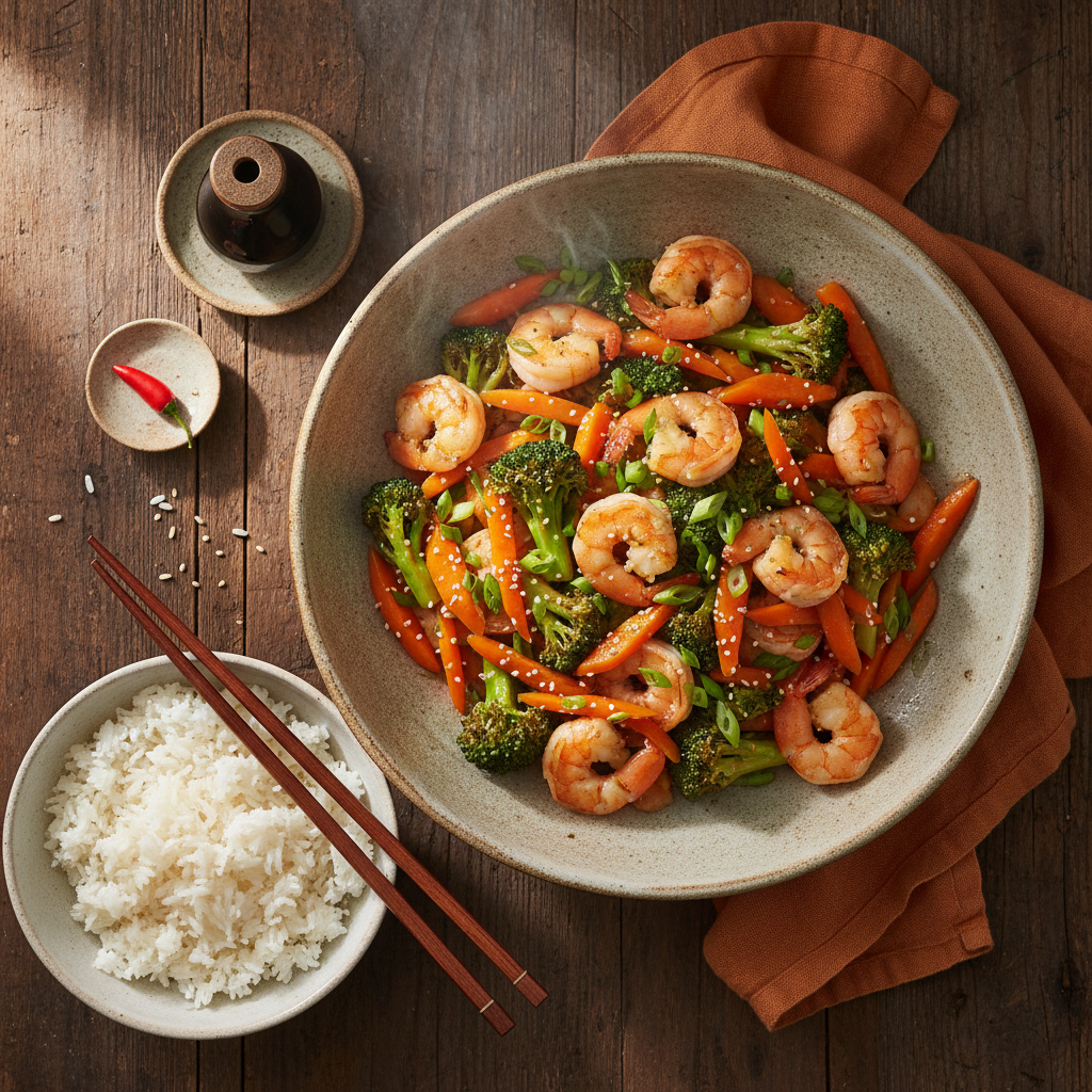 Poêlée de Crevettes, Brocoli et Carotte à l'Ail