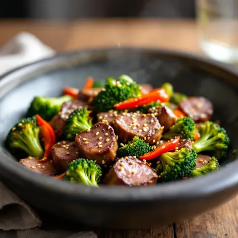 Agneau sauté aux brocolis et poivrons, sauce sésame-soja
