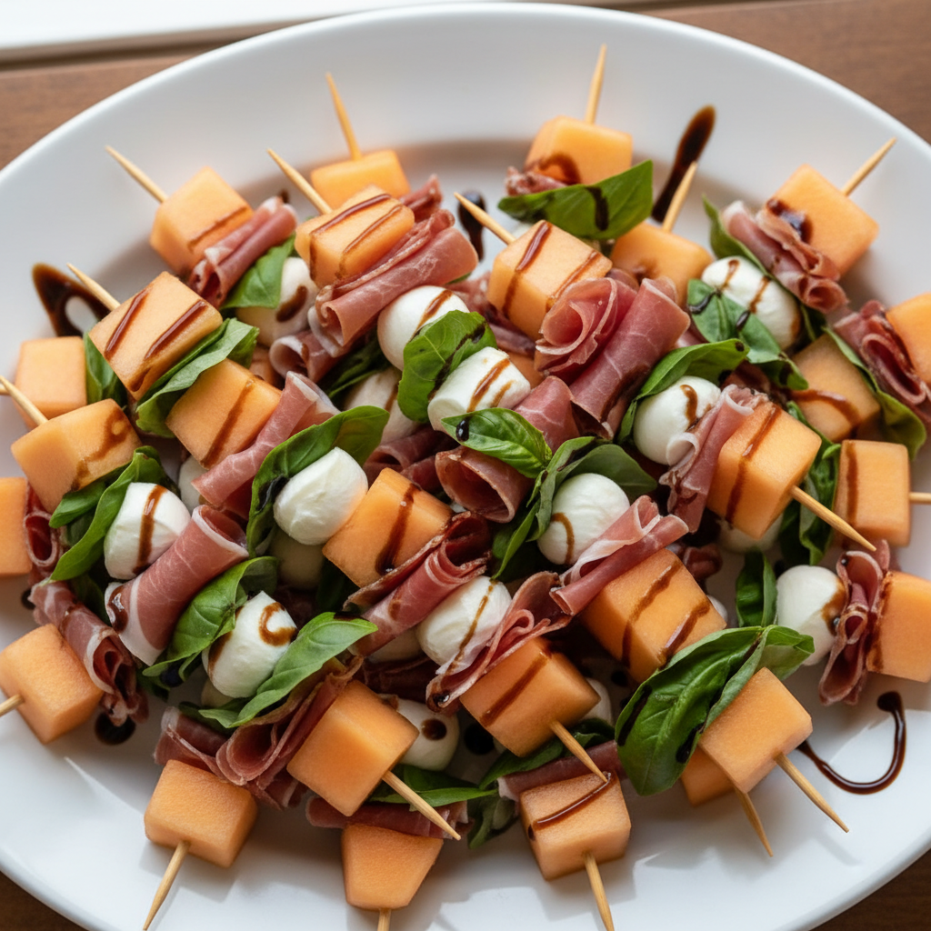 Piques melon & mozzarella jambon cru basilic