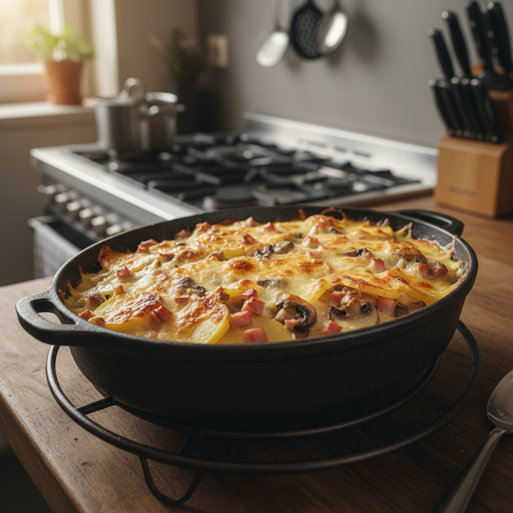 Gratin de pommes de terre jambon champignons