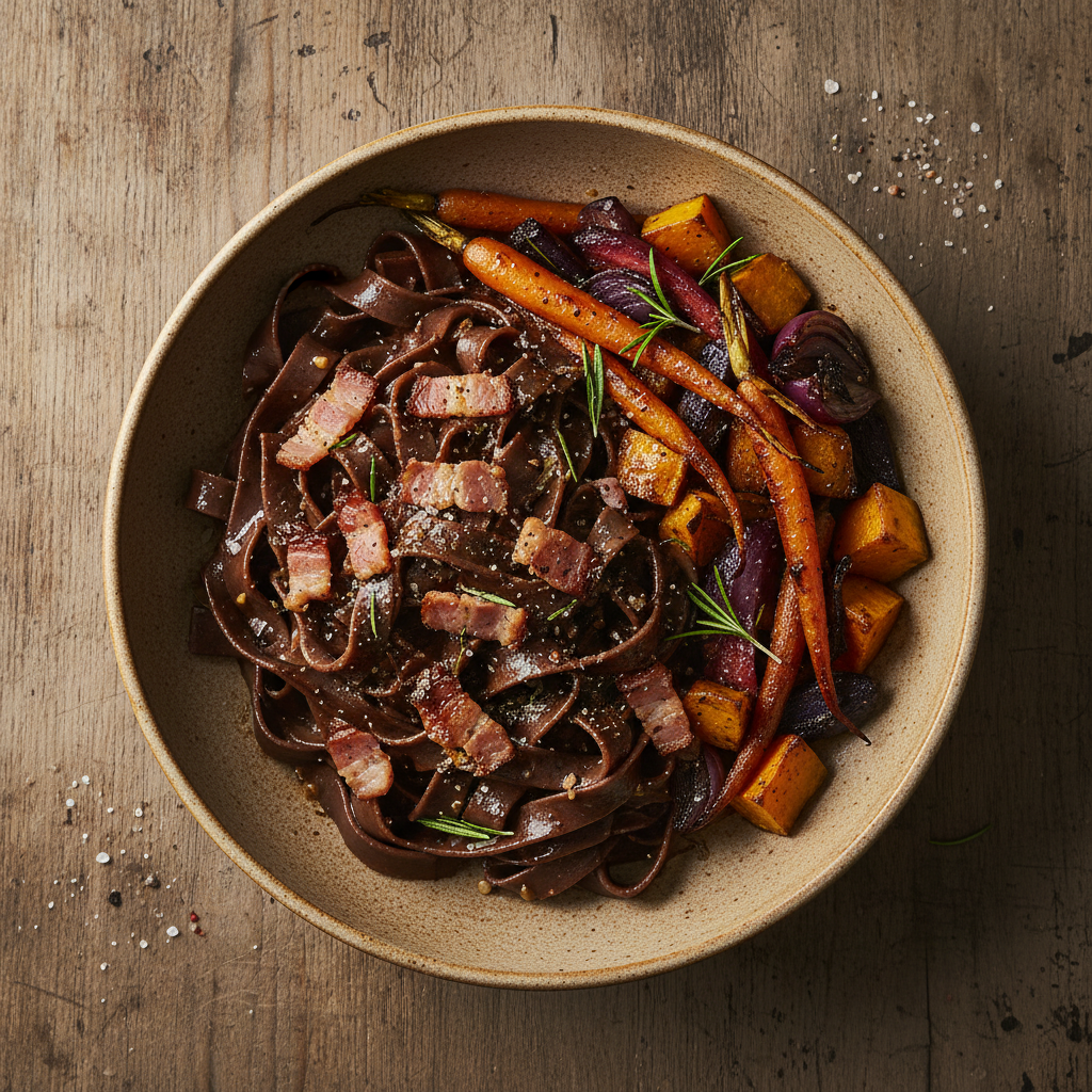 Pâtes Gourmandes Chocolat-Jambon et Légumes Rôtis