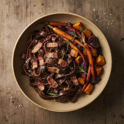 Pasta mit Schokolade, Schinken und geröstetem Gemüse