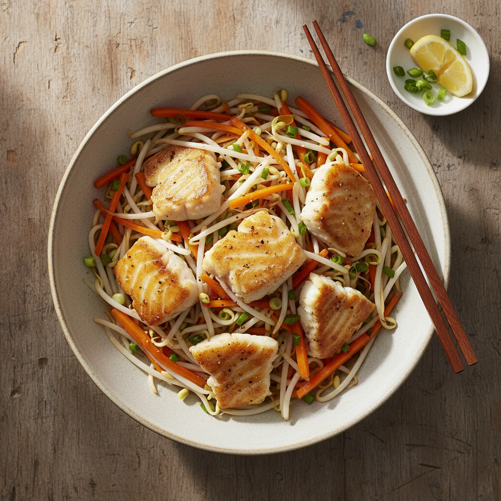 Wok de cabillaud aux pousses de soja et sauce huître