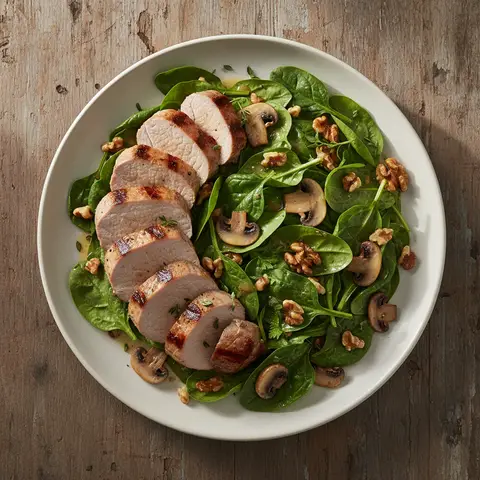 Gegrilltes Schweinefilet mit warmem Spinatsalat