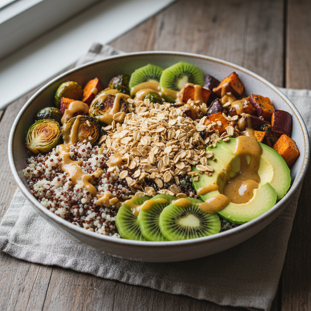 Buddha Bowl Fusion avec Quinoa, Kiwis, Avocat et Courlis de Moutarde-Miel