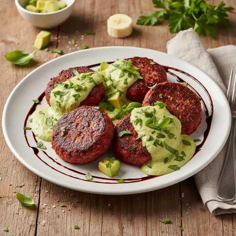 Rote-Bete- und Blumenkohl-Medaillons mit italienischer Avocado-Bananen-Sauce