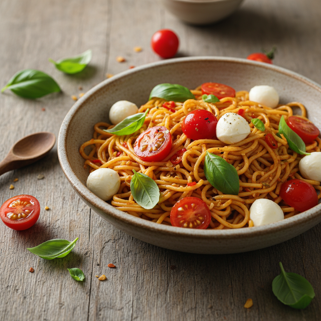 Nouilles Sautées à la Tomate et Mozzarella