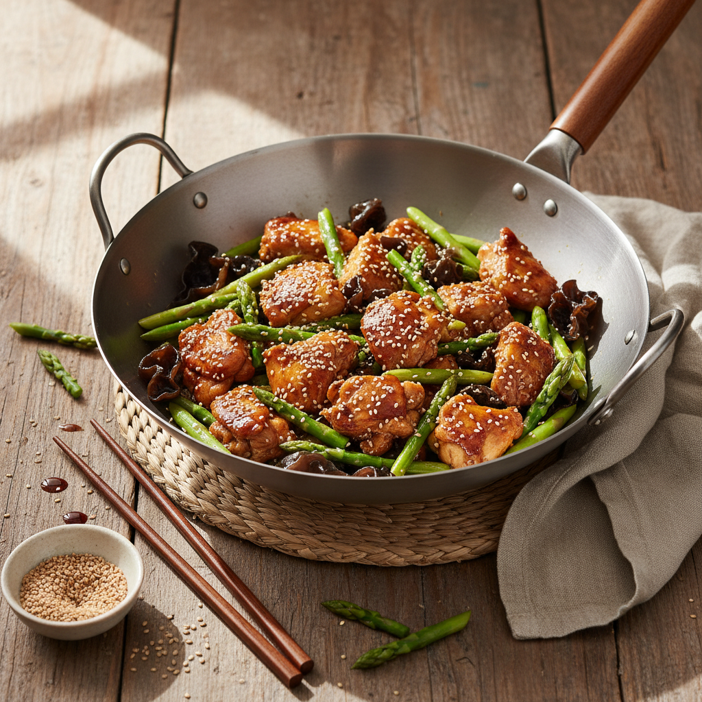 Sauté de poulet aux asperges et sésame chinois