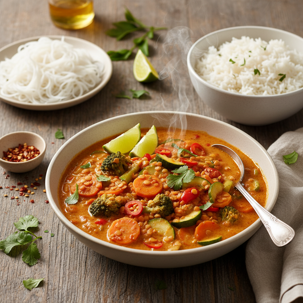 Curry rouge asiatique de lentilles et légumes