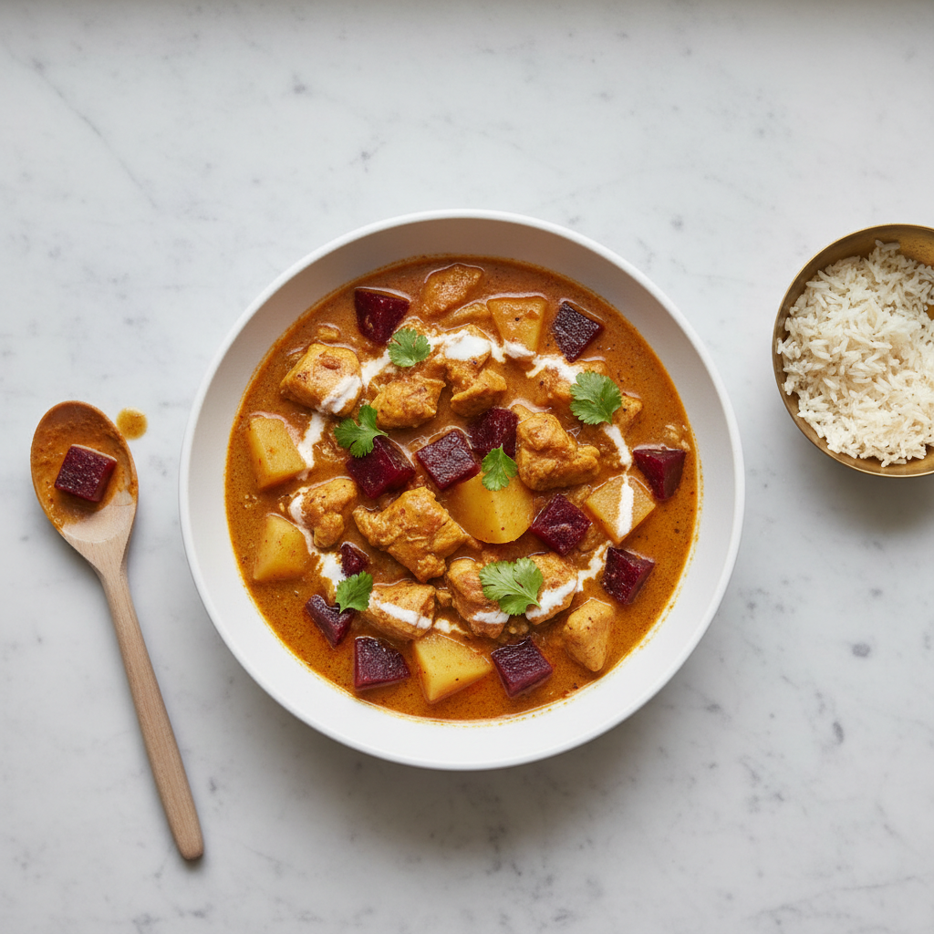 Curry de poulet aux pommes de terre et betterave