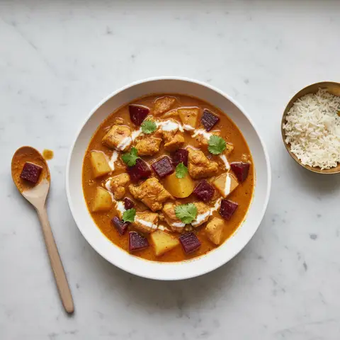 Hähnchencurry mit Kartoffeln und Rote Beete