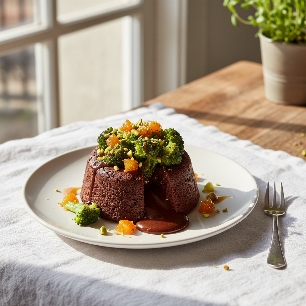 Moelleux au Chocolat et Orange avec Brocoli Caramélisé