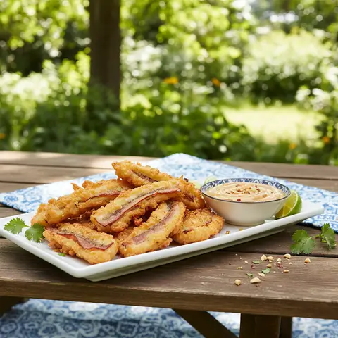 Asiatische Tempura mit Banane und Schinken mit Erdnuss-Honig-Sauce